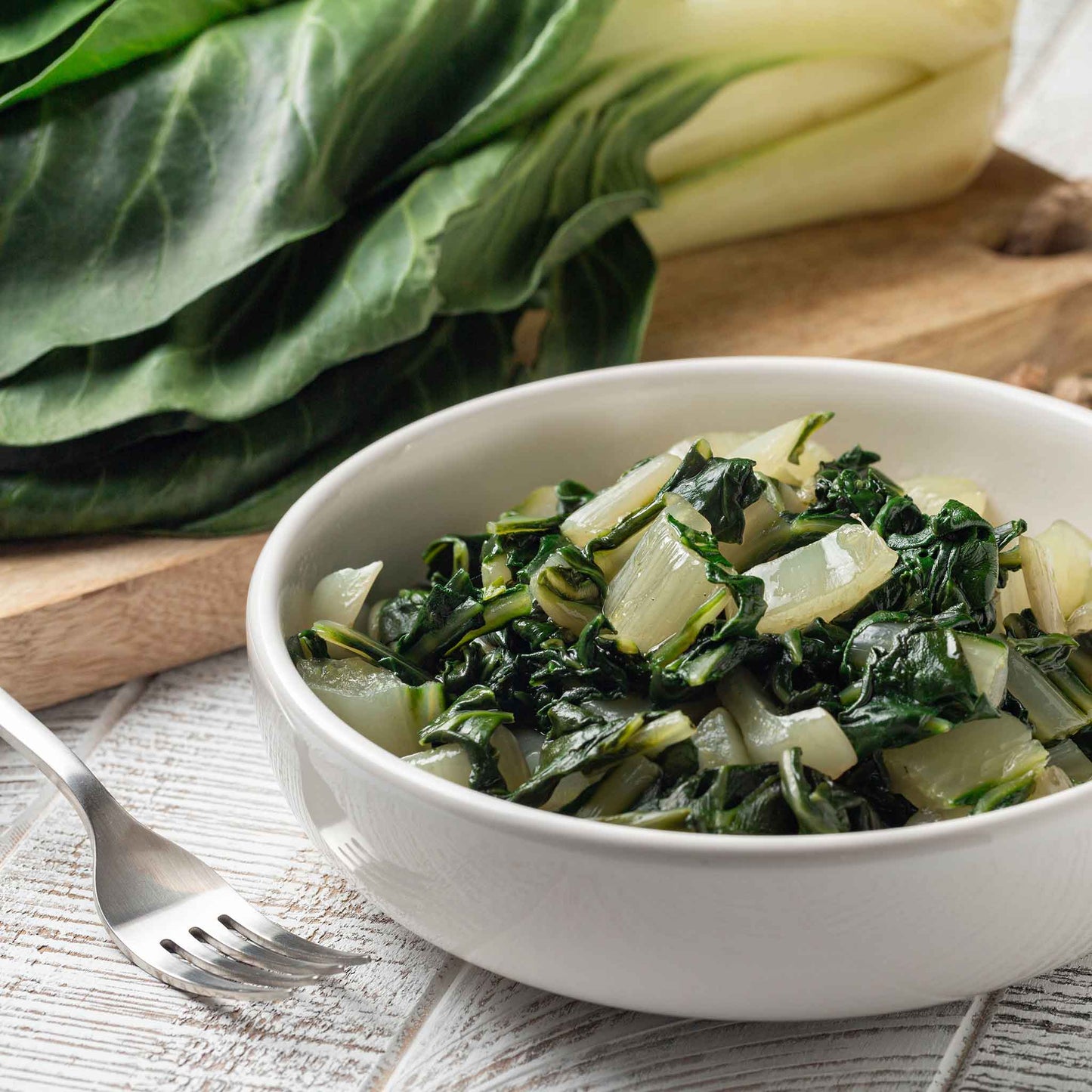 A bowl of chopped up Fordhook Giant Swiss Chard.