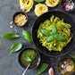 Overhead shot of a pasta dish with pesto made from Large Sweet for Pots basil.
